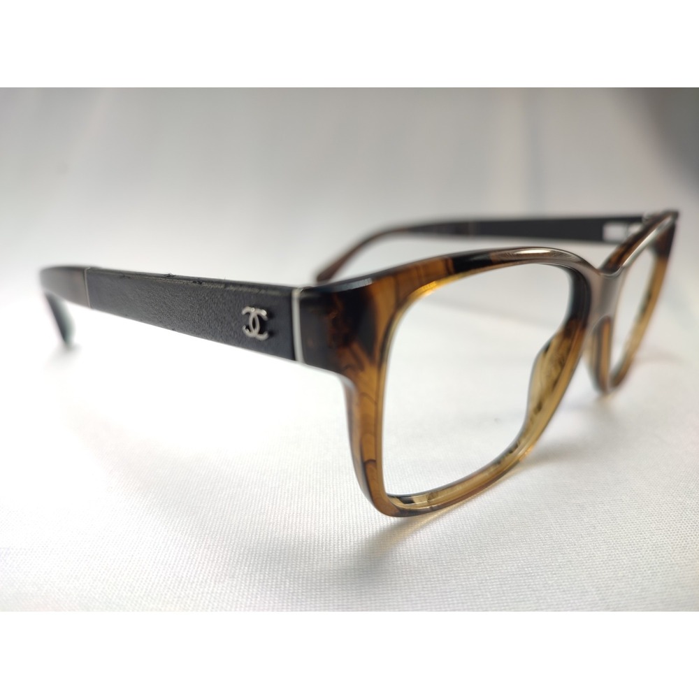 Chanel 3310-Q c.1569 Tortoise Leather Temple Eyeglass Frames Only 52-16-140